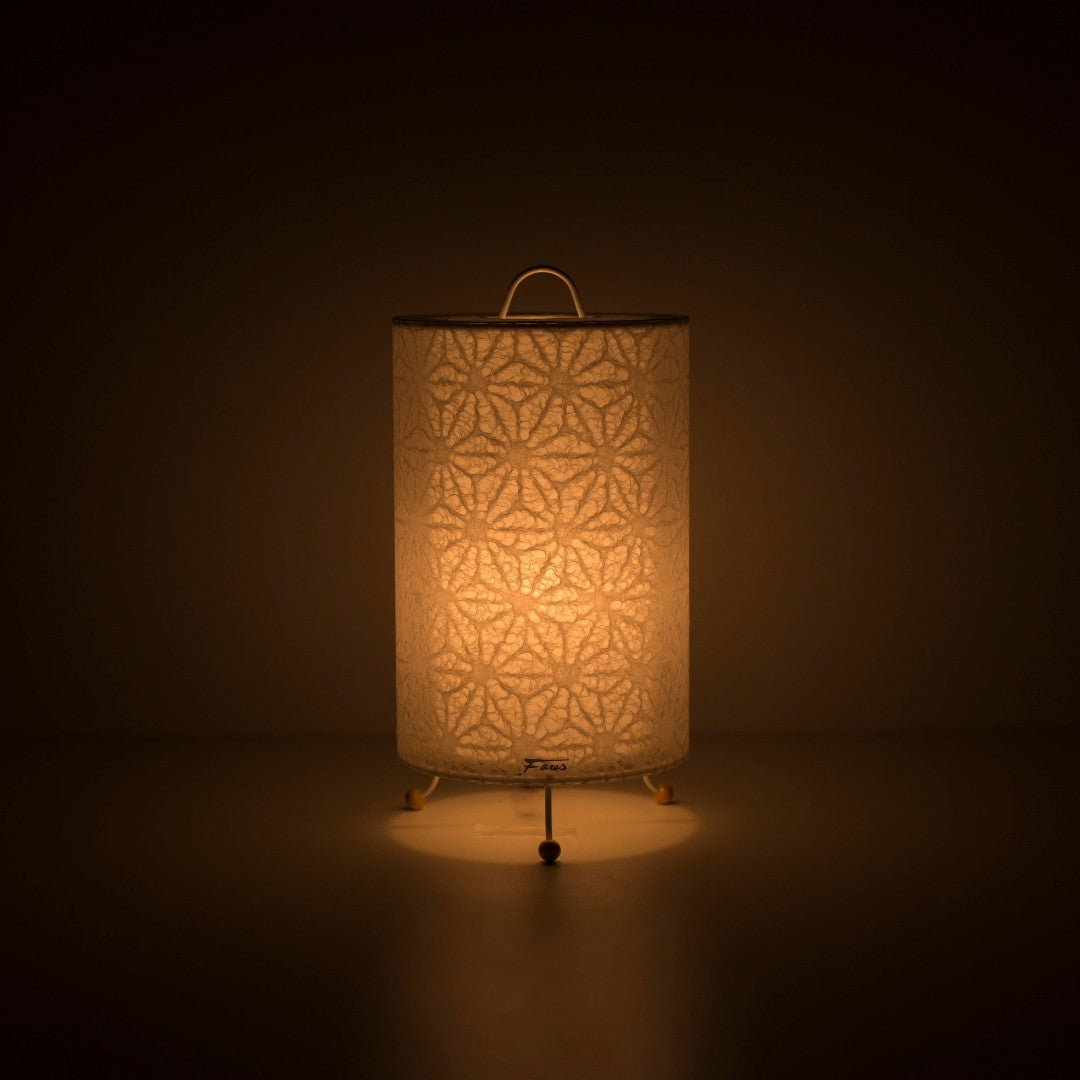 Japanese Paper Table Lamp "Lace Washi" White illuminating a dark room – Stylish Bedside Lamp