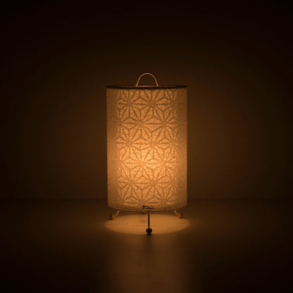 Japanese Paper Table Lamp "Lace Washi" White illuminating a dark room – Stylish Bedside Lamp