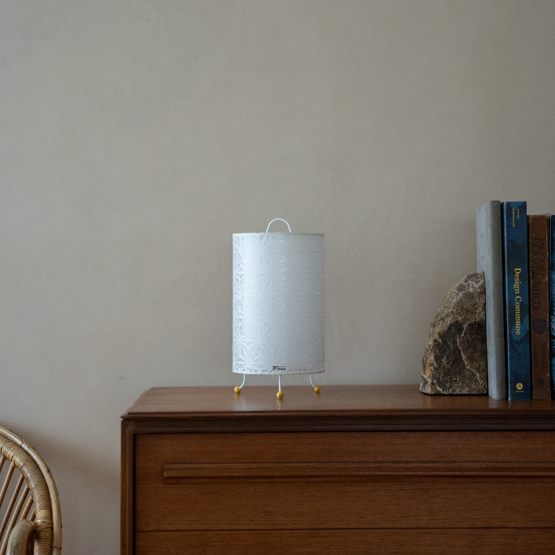 Japanese Paper Table Lamp "Lace Washi" White on a wood table in Japandi room - Wabi-Sabi bedside table lamp for bedroom