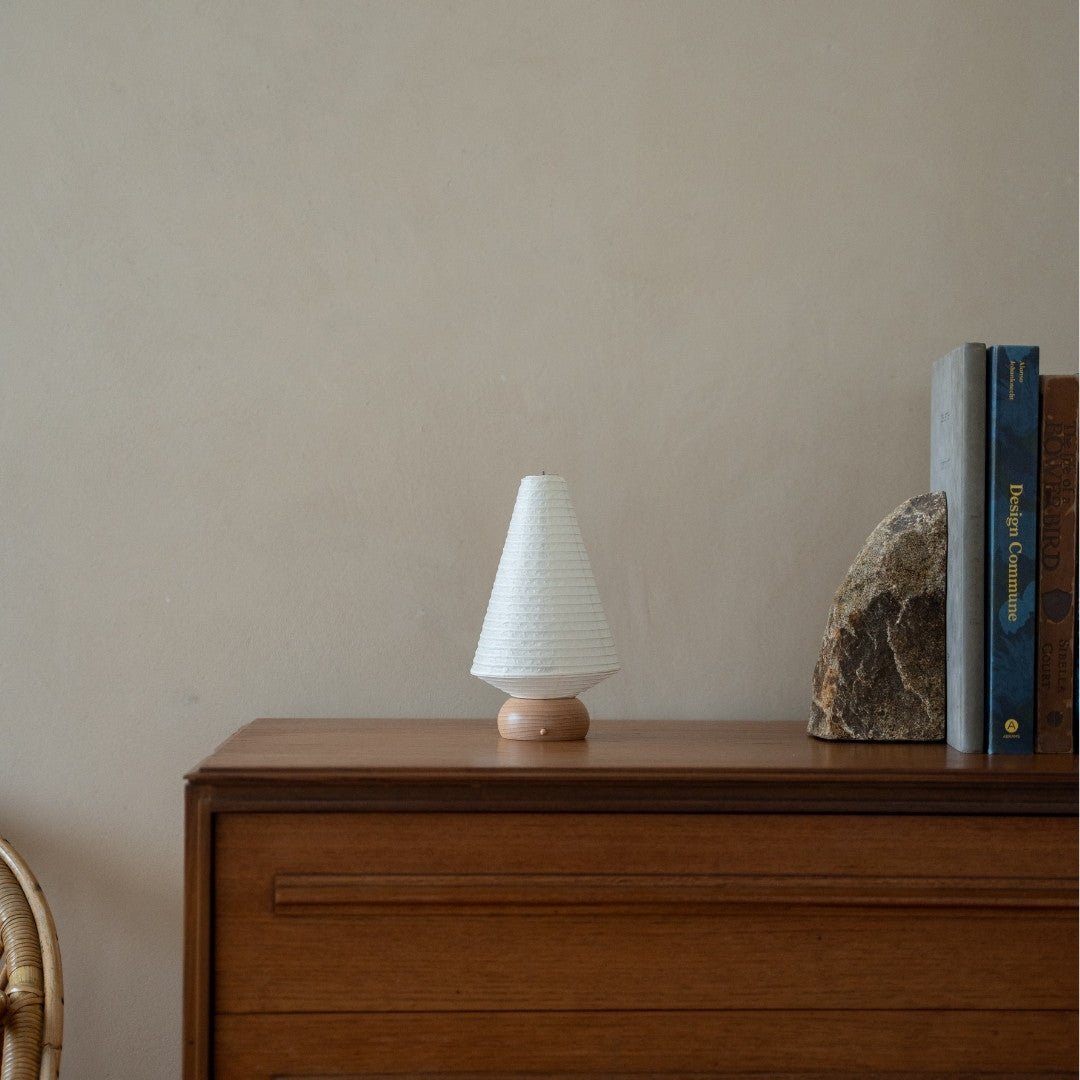 Japanese Paper Table Lamp "Mini Tree" on wooden shelf in Japandi style room – Unique portable lamps for bedside tables