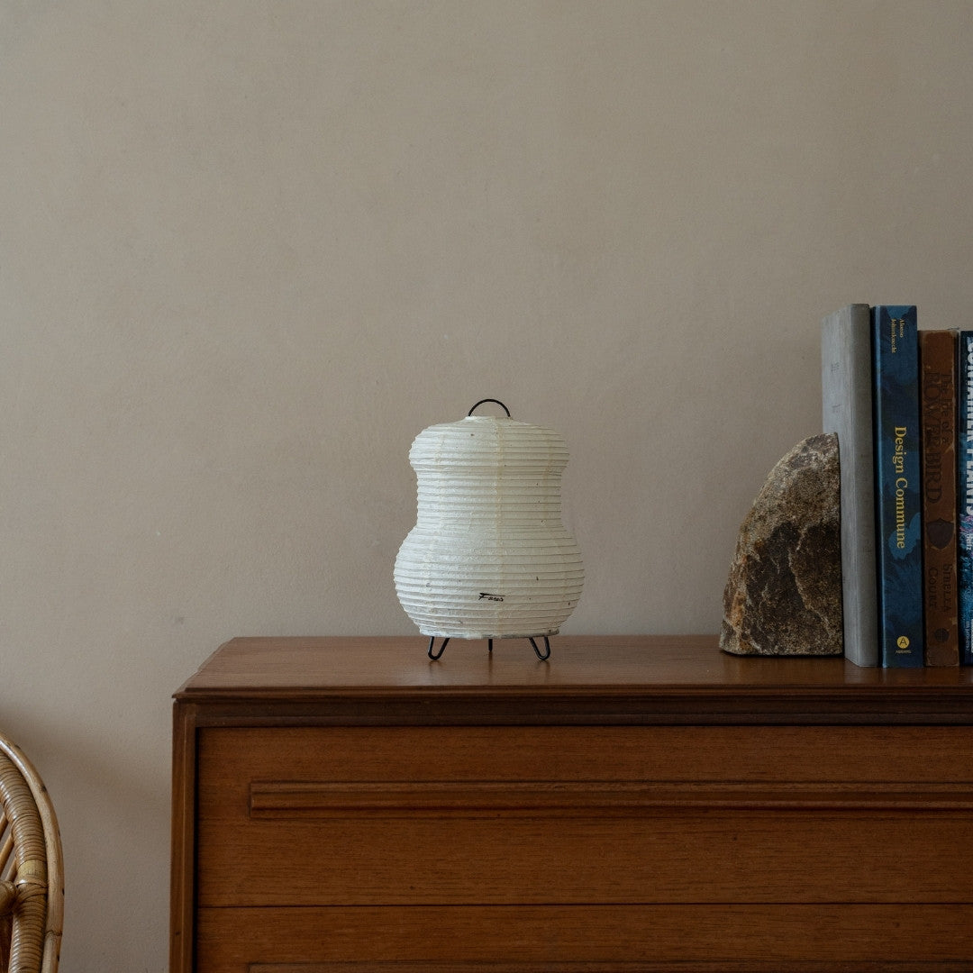 Japanese Paper Table Lamp "PAPERSON 03" on a wood table in Japandi living room - Authentic paper table lamp for Japandi interior