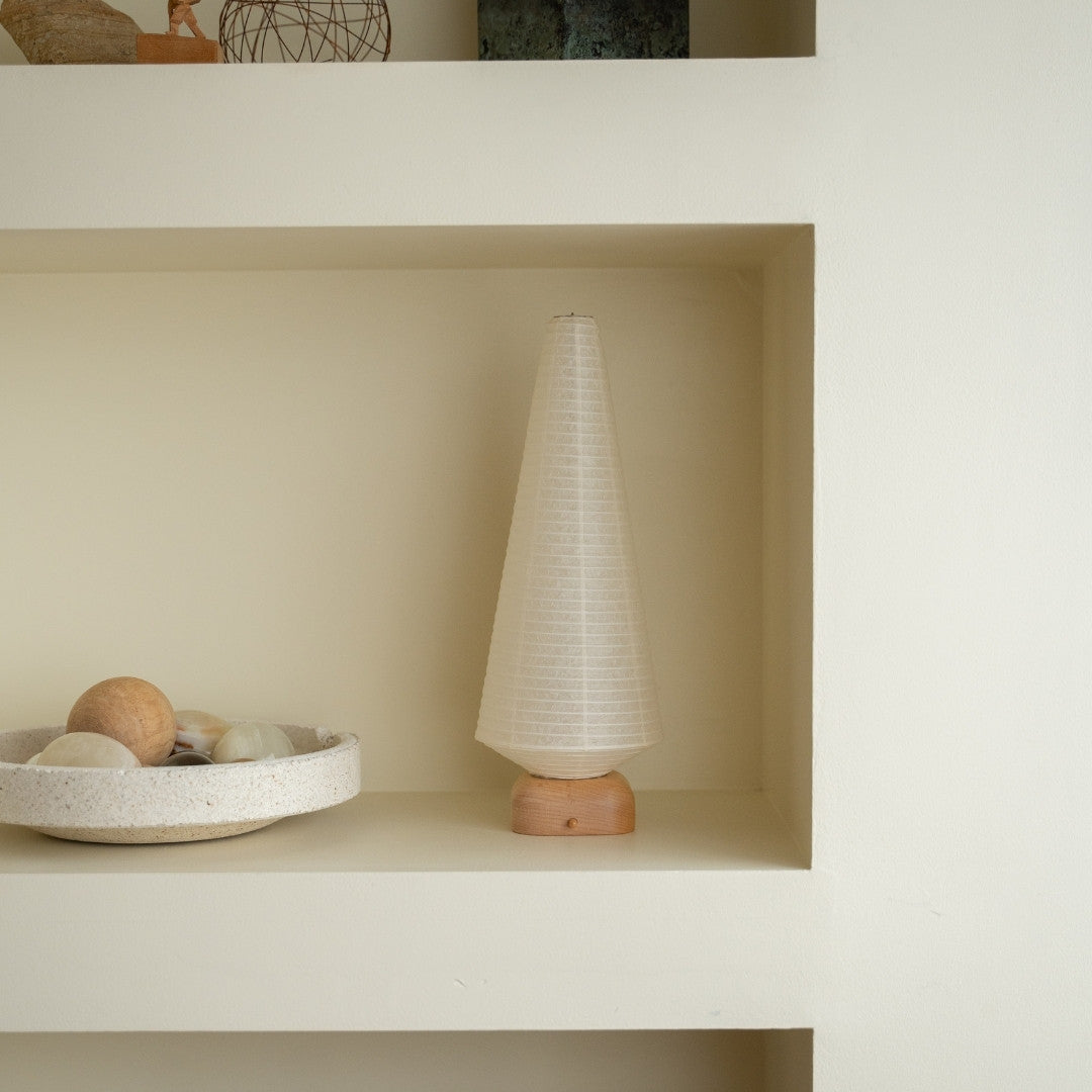 Japanese Paper Table Lamp "Tree" on a white shelf in Japandi style room – Unique bedside table lamp for wabi-sabi interiors