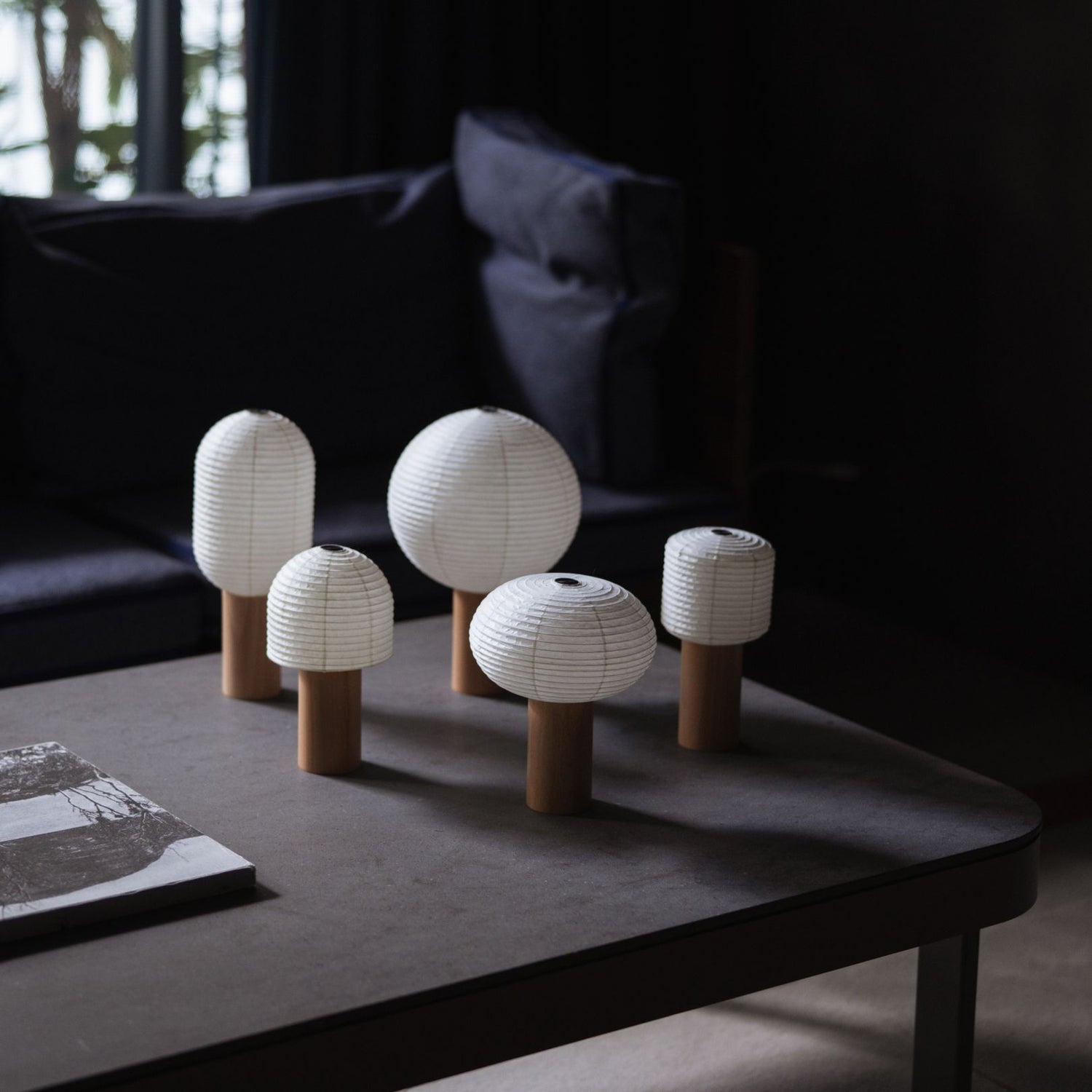 Japanese Portable Touch Lamps on a grey table in living room. 