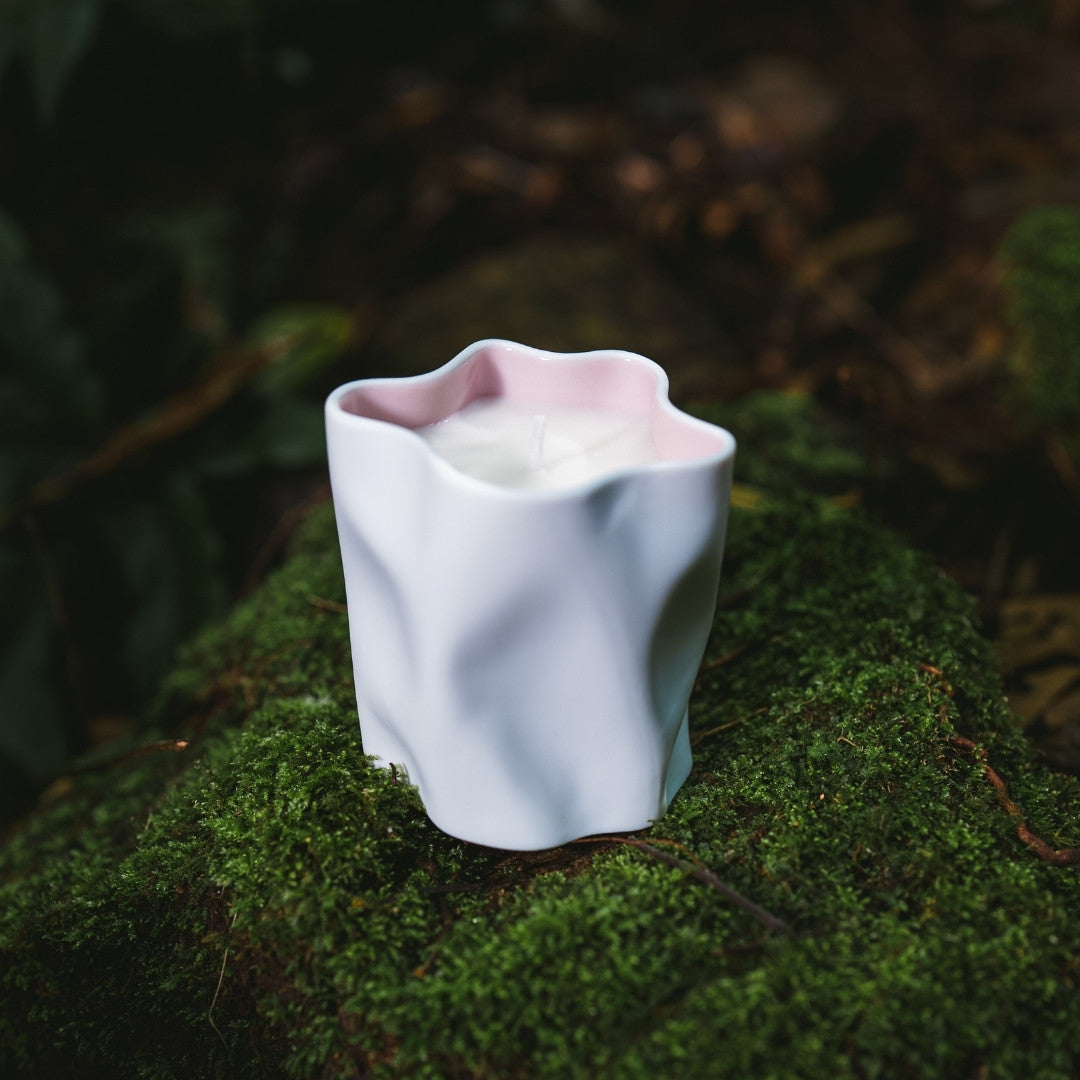 SAKURA Japanese candle on moss, Japandi fragrance with hanami scent in wabi sabi porcelain vessel