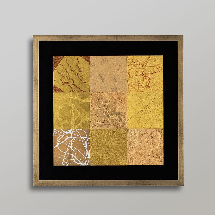 A gold leaf wall art composed of nine panels, each depicting a natural element like wind or rock.