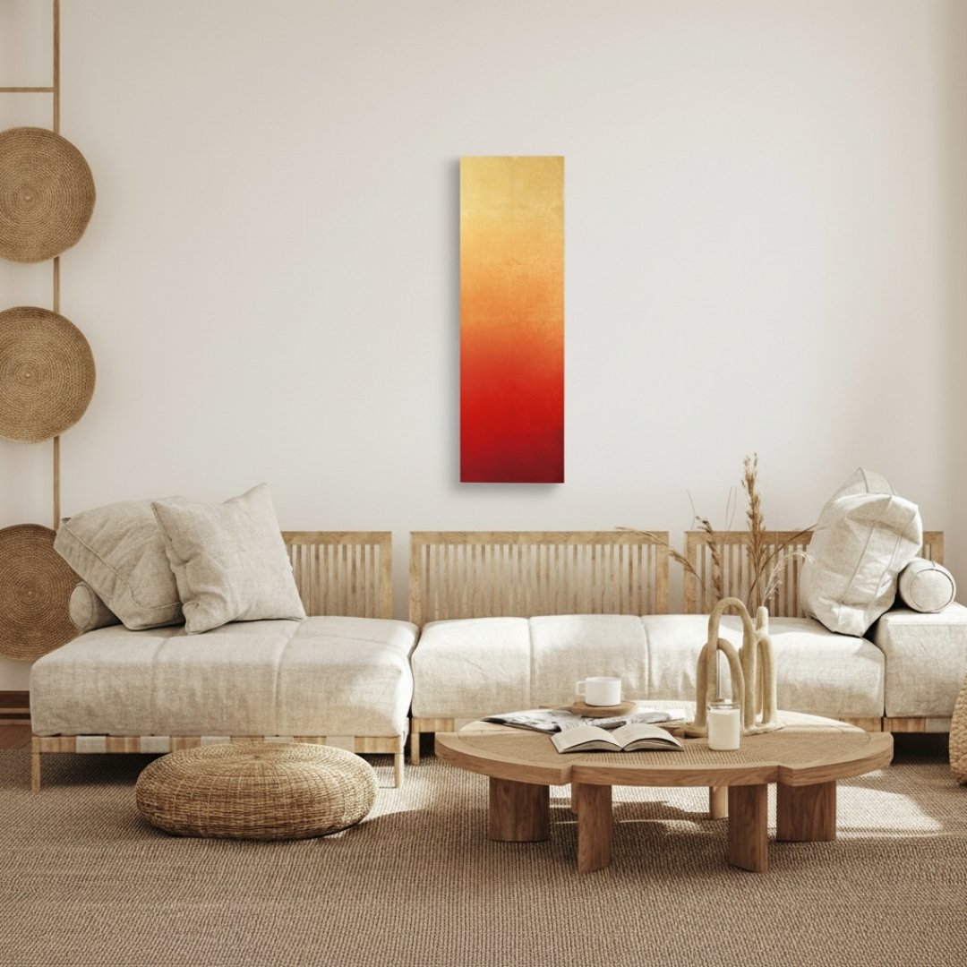 "Hokage" Japanese wall art with warm vermilion gold leaf, radiant wabi sabi Japanese wall decor