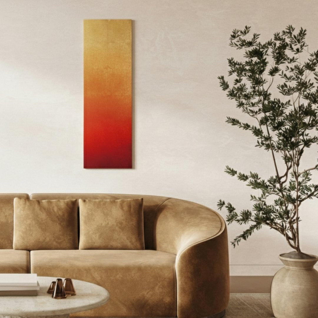 Japanese wall art panel Hokage on wall – warm wabi sabi Japanese wall decor with gold hue