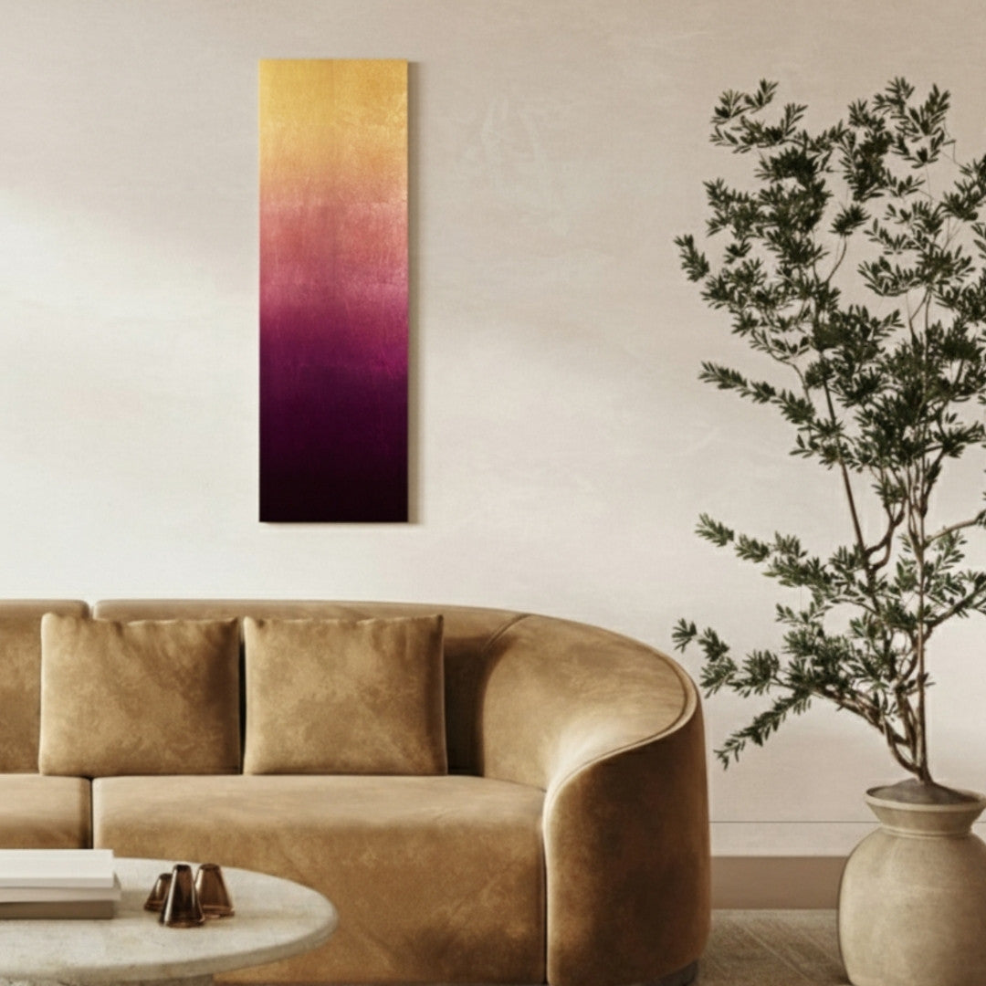 Japanese wall art panel Shinra on wall – modern wabi sabi Japanese wall decor in purple
