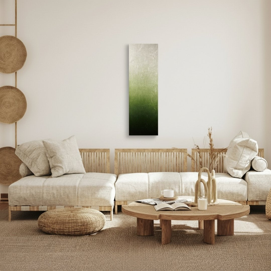"Suiryoku" Japanese wall art with silver leaf and green tone, calm wabi sabi Japanese wall decor