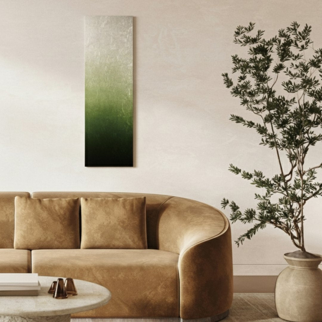Japanese wall art panel Suiryoku on wall – minimalist wabi sabi Japanese wall decor green