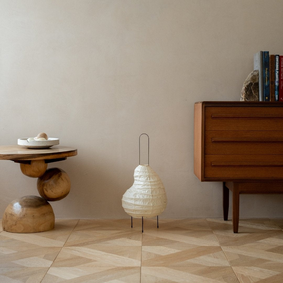 Japanese Washi Paper Floor Lamp “BEANS LIGHT” in Japandi style interior – Paper stand lamp for bedroom & living room
