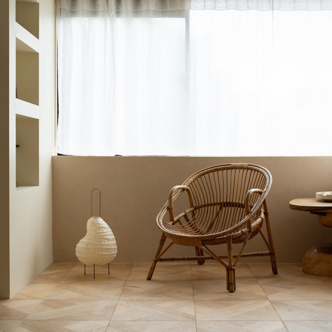 Japanese Washi Paper Floor Lamp “BEANS LIGHT” in Japandi style space – Authentic Washi paper floor lamp with wabi-sabi