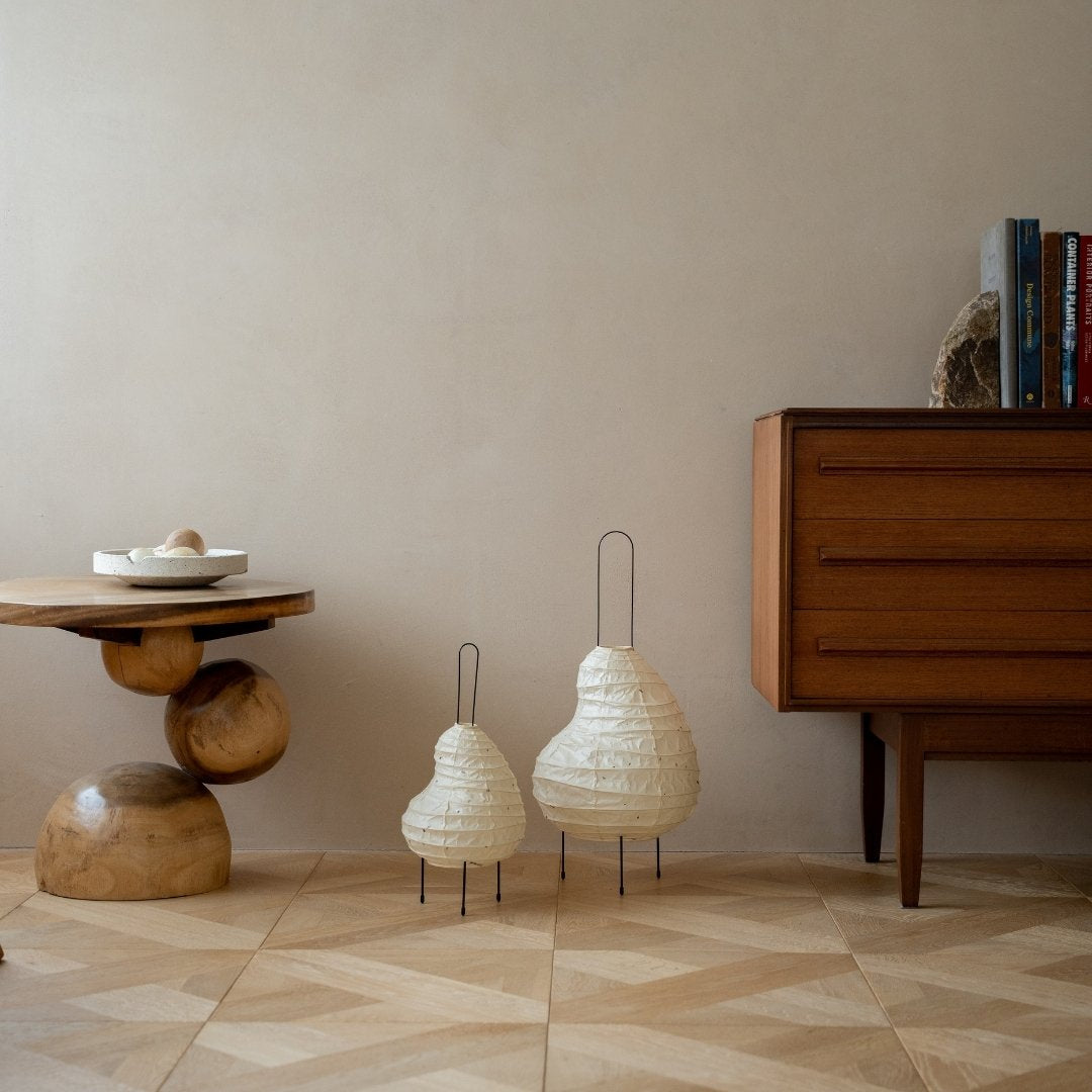 Two sizes of Japanese Washi Paper Floor Lamp “BEANS LIGHT” in Japandi style interior – Unique stand lamp for Japanese bedroom