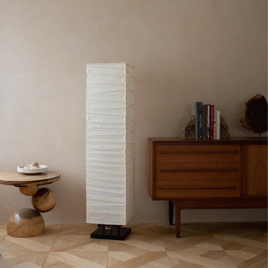 Japanese Washi Paper Floor Lamp "Harusame Washi 02" in Japandi style interior – Authentic Japanesei paper stand lamp