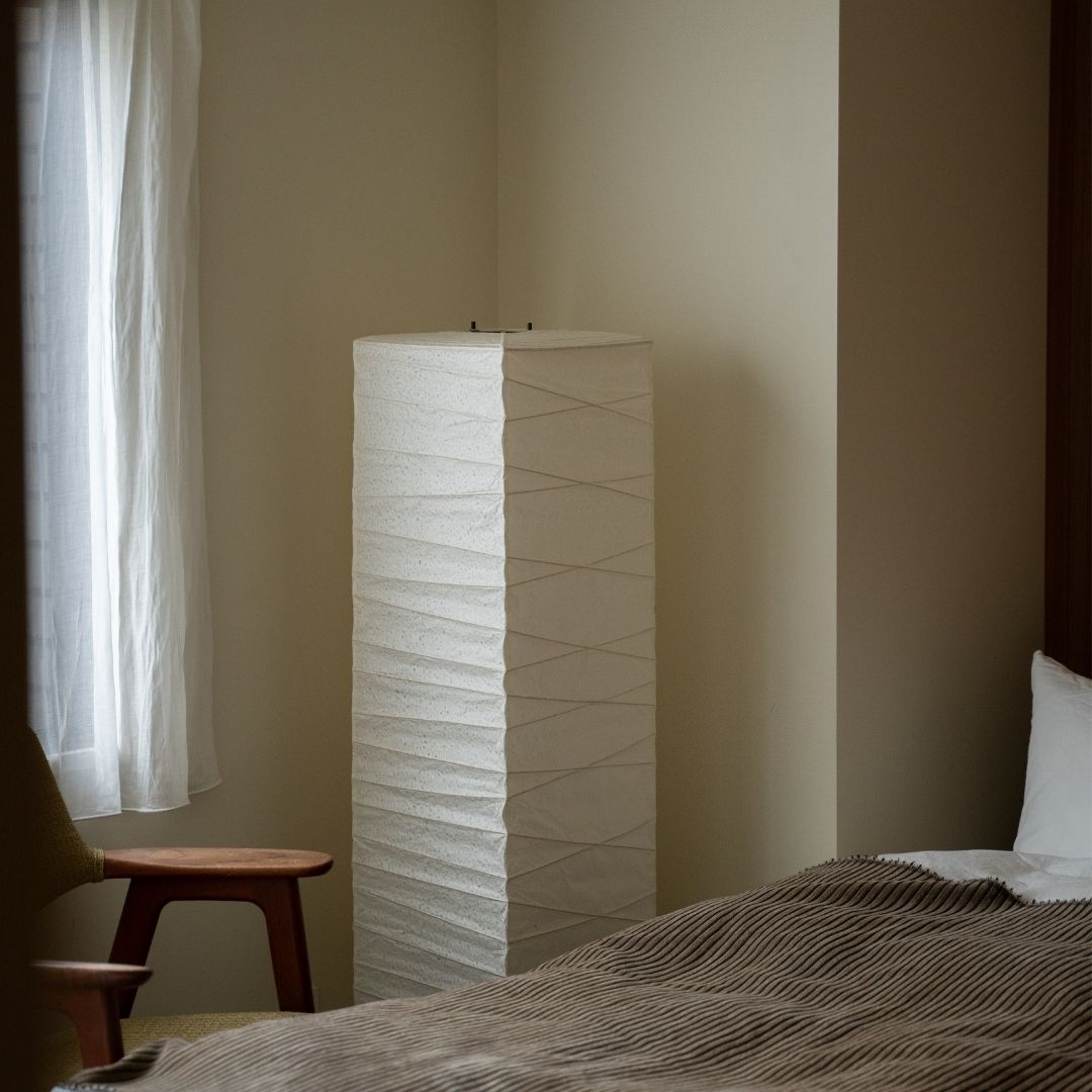 Japanese Washi Paper Floor Lamp "Harusame Washi 02" in Japandi style bedroom – Wabi-sabi paper floor lamp for Japanese bedroom