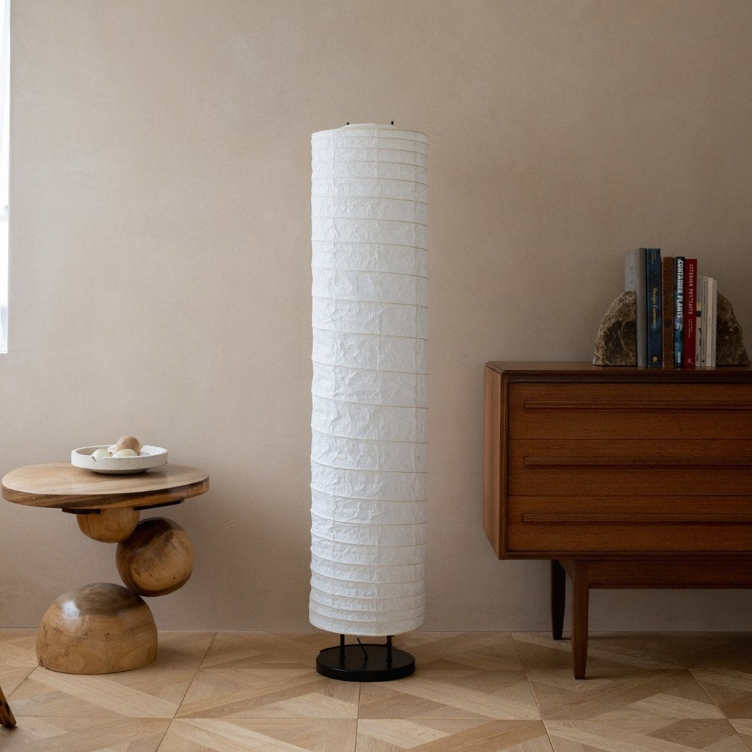 Japanese Washi Paper Floor Lamp "Momi Washi 02" in Japandi style interior – Stylish tall nightstand lamp for living room