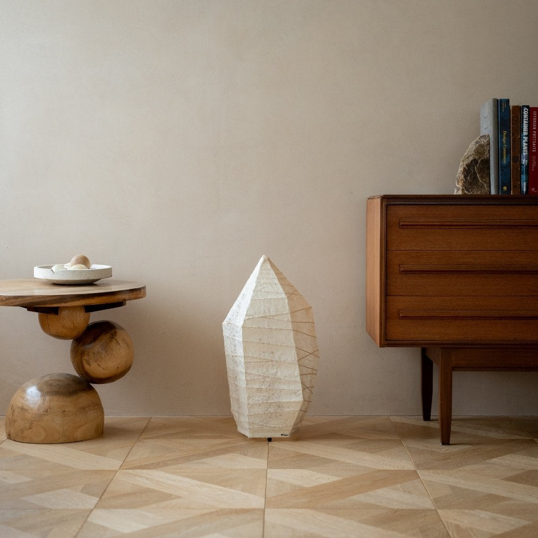 Japanese Washi Paper Floor Lamp “Paper Stone” in Japandi style interior – Unique night lamp for bedroom & living room
