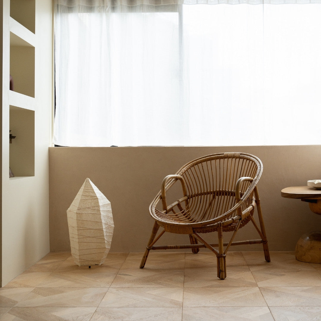 Japanese Washi Paper Floor Lamp “Paper Stone” in Japandi style space – Wabi-Sabi floor stand lamp for living room