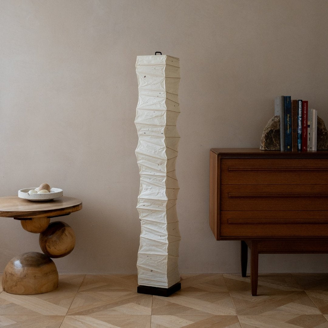 Japanese Washi Paper Floor Lamp “Slender” in Japandi style interior – Unique standing floor lamp for living room
