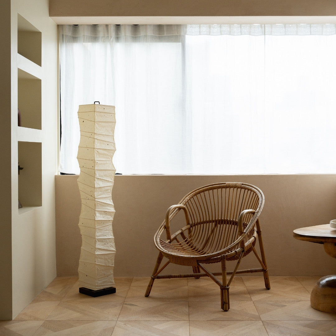 Japanese Washi Paper Floor Lamp “Slender” in Japandi style space – Tall nightstand lamp for bedroom & living room