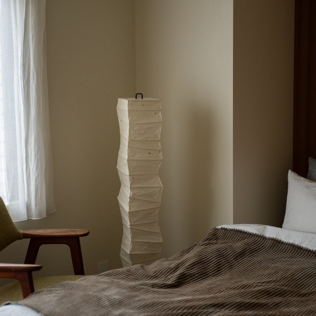 Japanese Washi Paper Floor Lamp “Slender” in Japandi style bedroom – Authentic japanese paper nightstand lamp