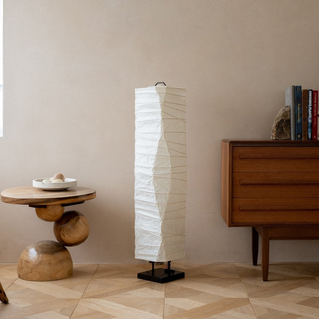 Japanese Washi Paper Floor Lamp “Type G” in Japandi style interior – Authentic white paper floor lamp for living room