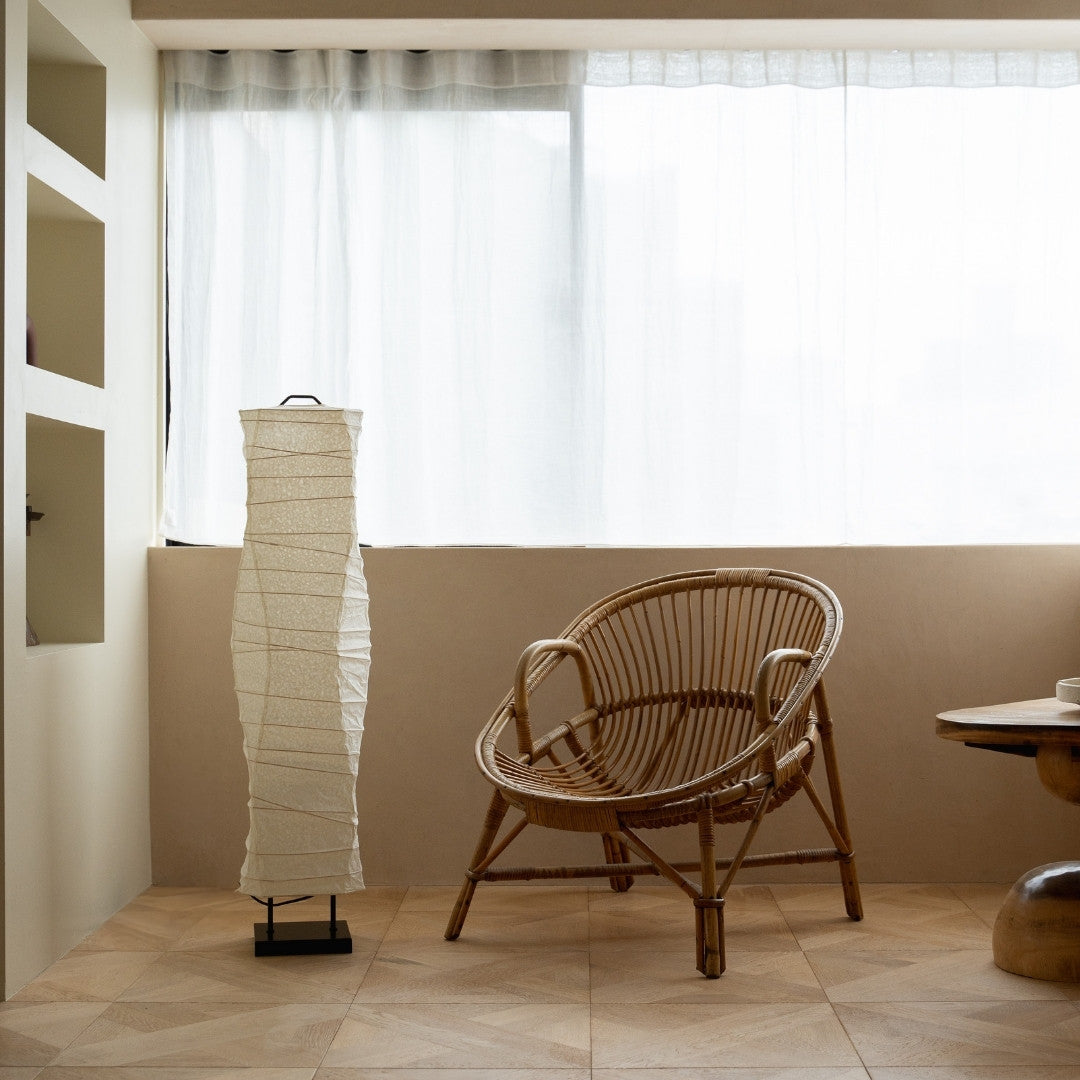 Japanese Washi Paper Floor Lamp “Type G” in Japandi style space – Wabi-Sabi tall floor stand lamp for living room