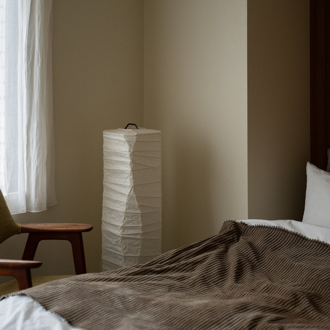 Japanese Washi Paper Floor Lamp “Type G” in Japandi style bedroom – Authentic night stand lamp for bedroom & living room