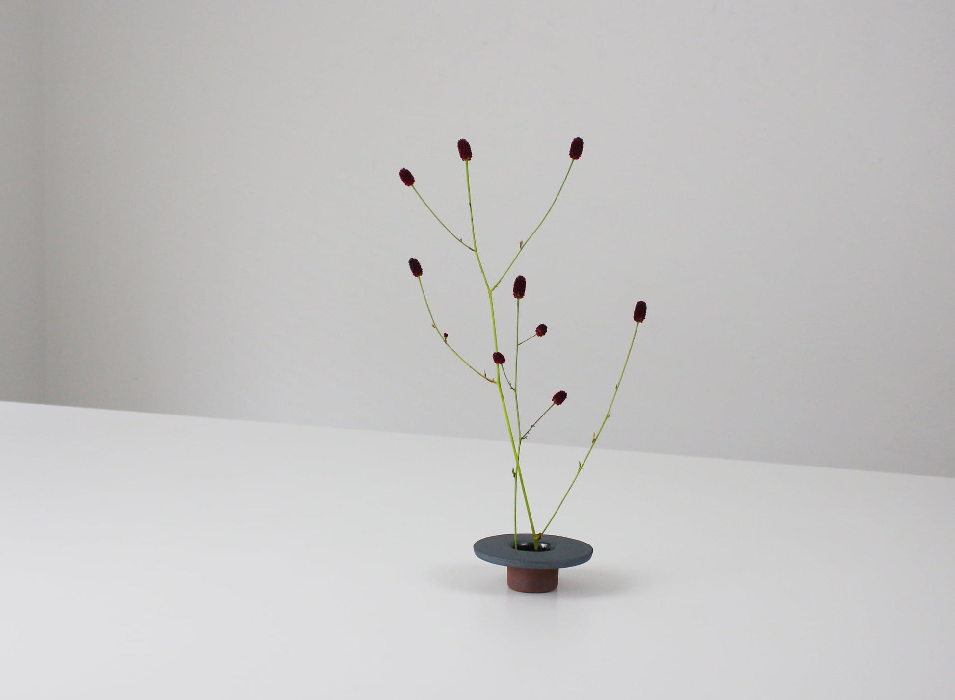 A minimalist hexagonal iron vase inspired by traditional Japanese roof tiles, featuring a simple flower arrangement.