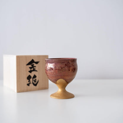 Kintsugi Goblet "Gold Clay Crackle" with Wooden Case: Side View on White Background