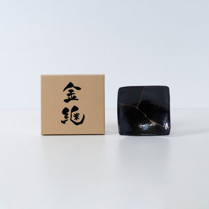 Side view of Kintsugi Square Plate "Jet Black Lighting" 02 with case in a white background