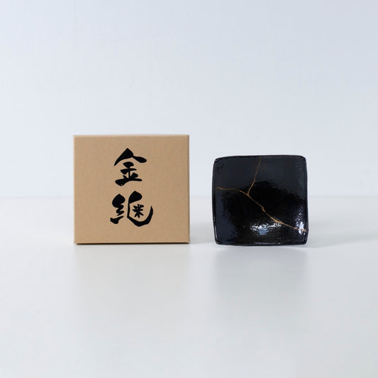 Side view of Kintsugi Square Plate "Jet Black Lighting" 02 with case in a white background