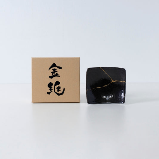 Side view of Kintsugi Square Plate "Jet Black Lighting" 03 with case in a white background
