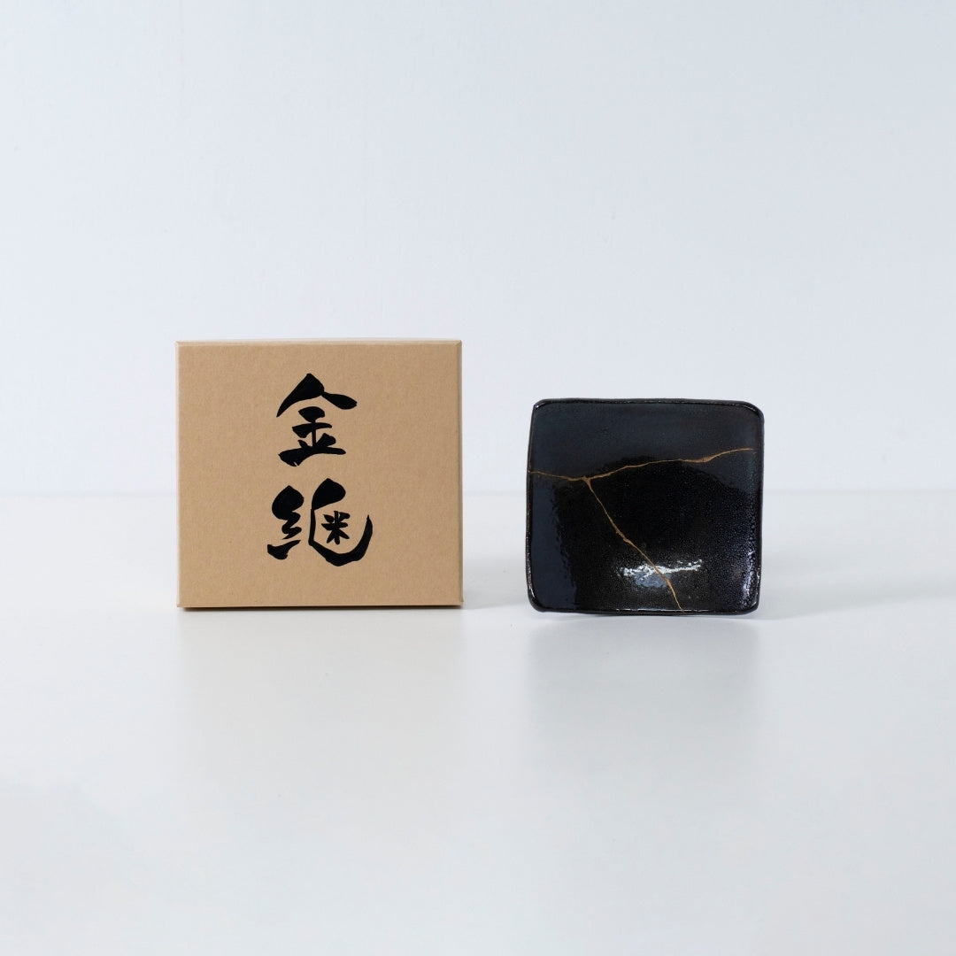 Side view of Kintsugi Square Plate "Jet Black Lighting" 04 with case in a white background