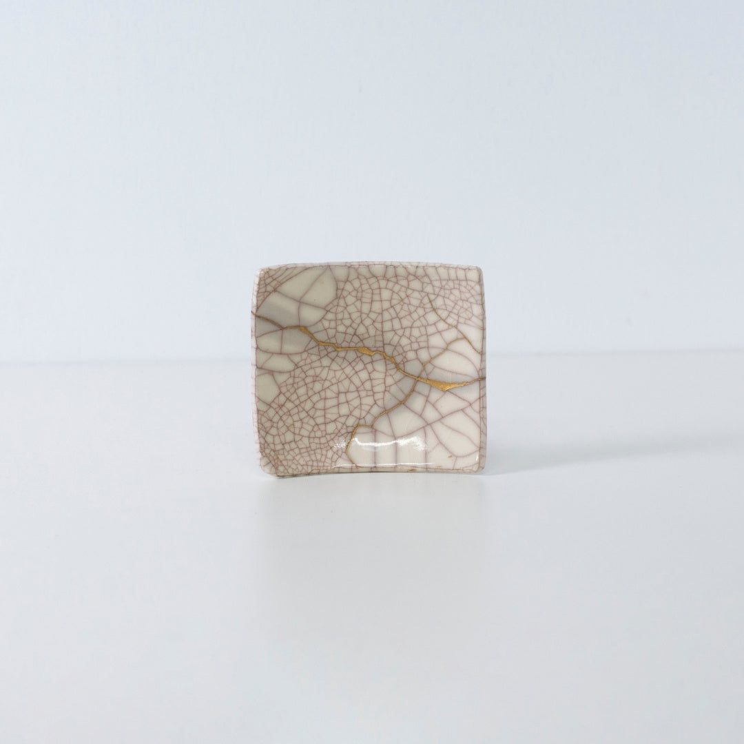 Side view of Kintsugi Square Plate "Vermilion Crackle" 02 in a white background