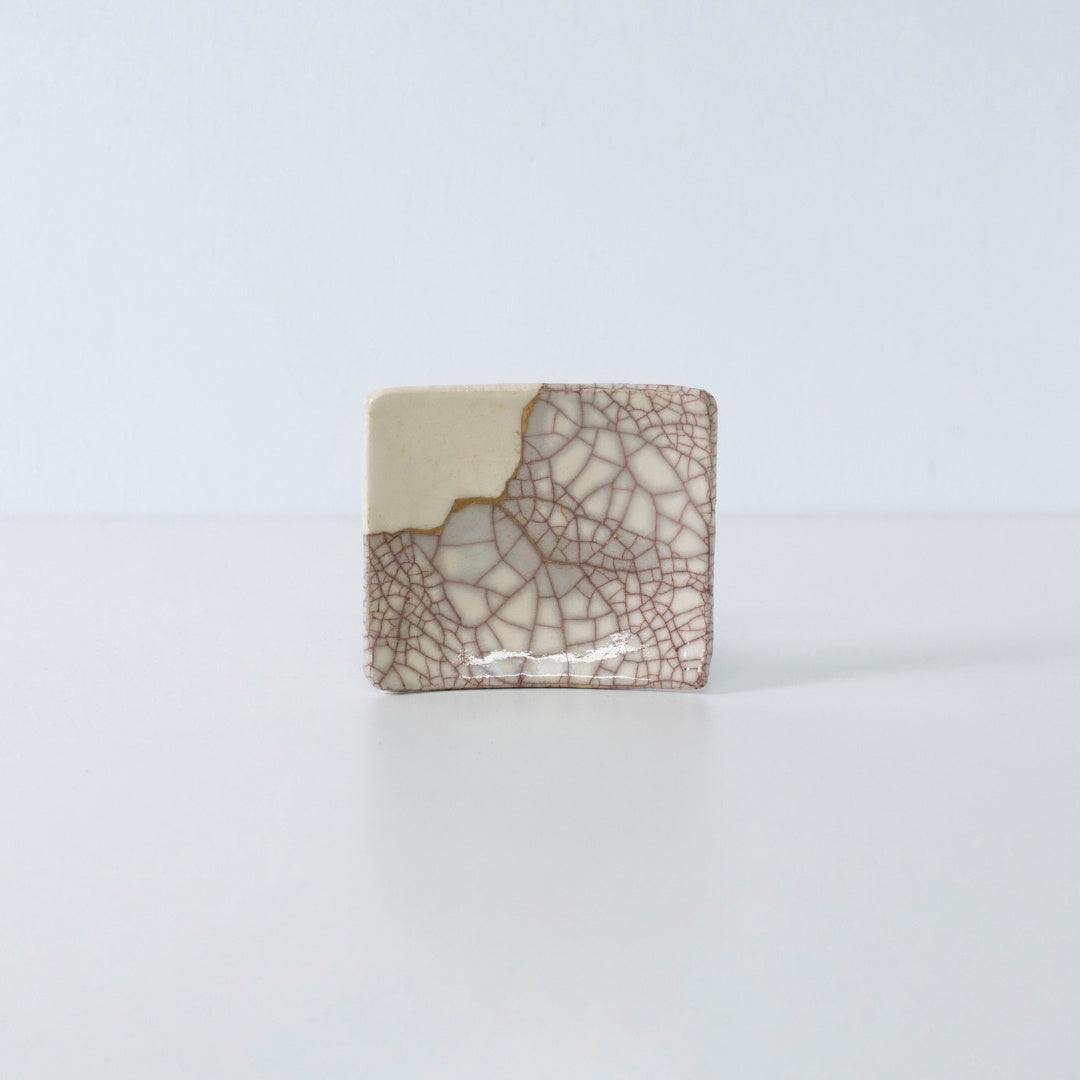 Side view of Kintsugi Square Plate "Vermilion Crackle" 04 in a white background