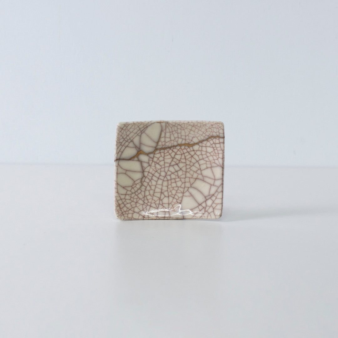 Side view of Kintsugi Square Plate "Vermilion Crackle" 07 in a white background
