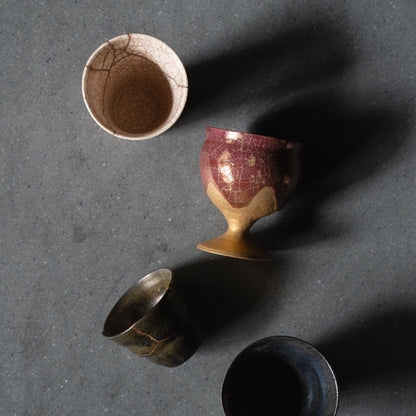 Kintsugi Tableware Set with "Gold Clay Crackle" Goblet: Overhead View on Grey Table