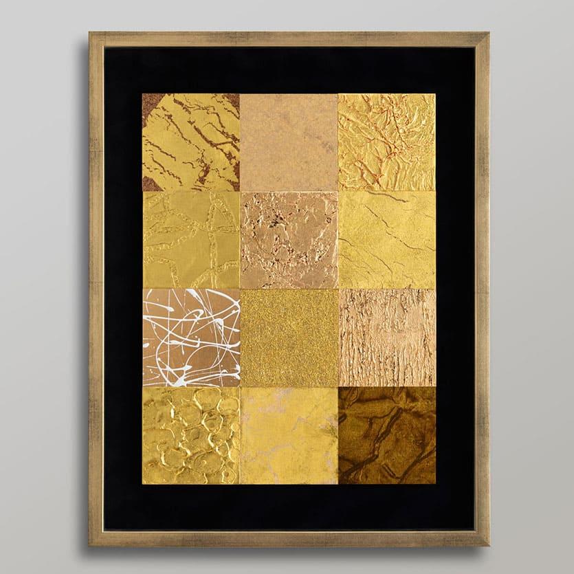 A gold leaf wall art composed of nine panels, each depicting a natural element like wind or rock.