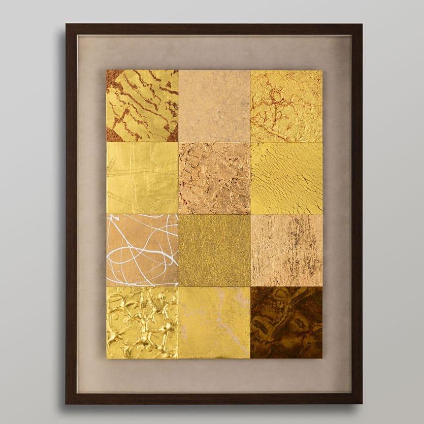 A gold leaf wall art composed of nine panels, each depicting a natural element like wind or rock.