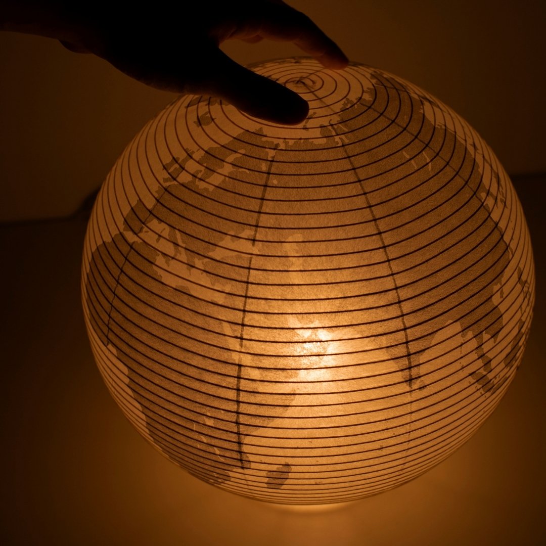 Japanese Paper Floor Lamp "paper moon 05G" with Eurasian map print, handcrafted washi lamp