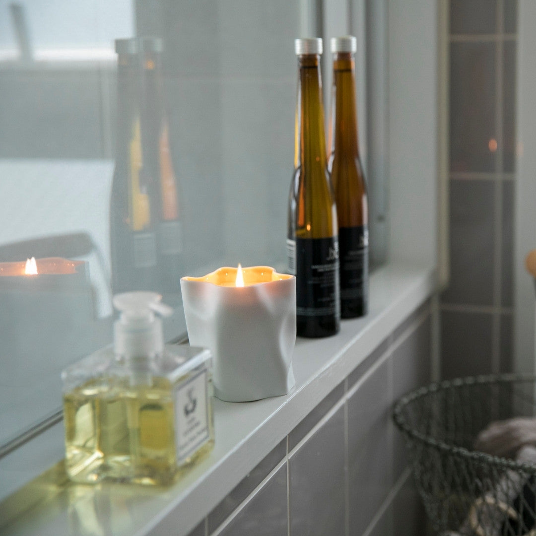 Japanese candle in soft white porcelain, Japandi bathroom with wabi sabi inspired fragrance ritual