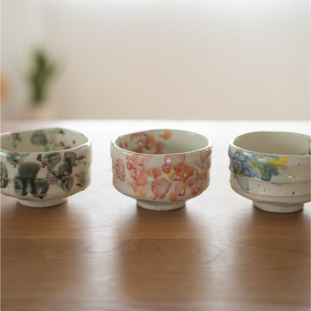 Handcrafted Mino ware matcha bowl set featuring all three designs—Flower, Splash, and Forest—showcasing the diversity of Japanese ceramic artistry.