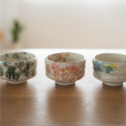 Handcrafted Mino ware matcha bowl set featuring all three designs—Flower, Splash, and Forest—showcasing the diversity of Japanese ceramic artistry.
