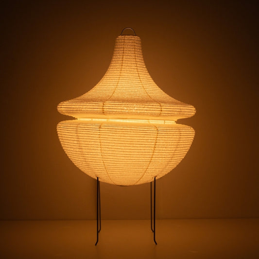 Warm glowing Japanese paper floor lamp GEMINI 02, sculptural modern washi Japanese floor lamp