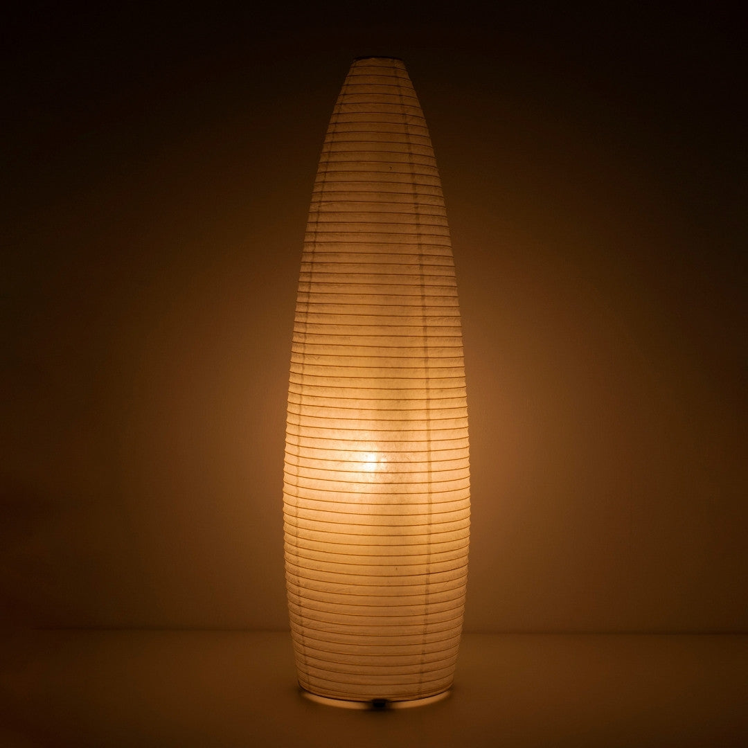 Japanese paper lamp "paper moon 13" glowing warmly – handcrafted vertical Mino Washi floor lamp