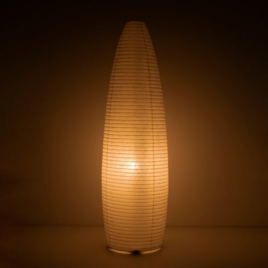 Japanese paper lamp "paper moon 13" glowing warmly – handcrafted vertical Mino Washi floor lamp