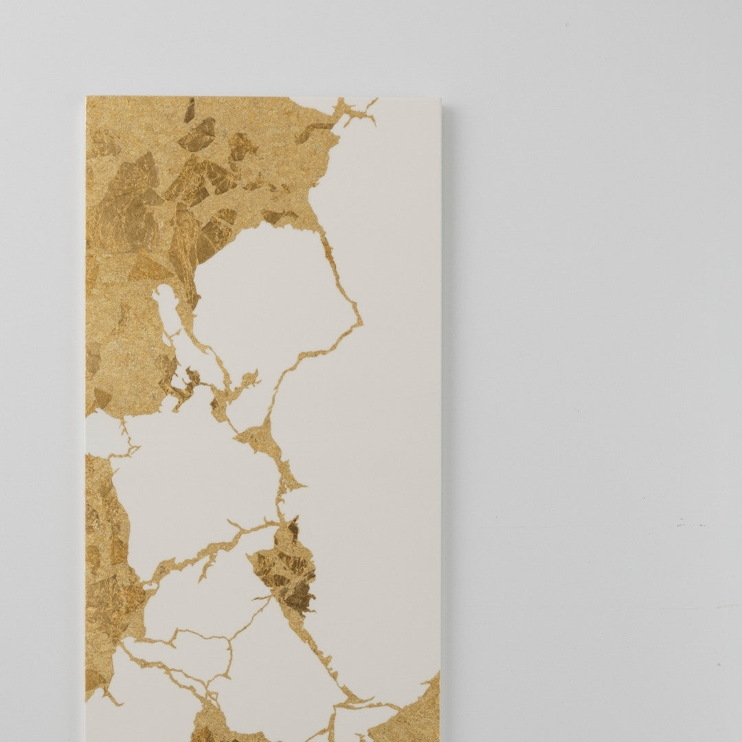 Japanese wall art Kintsugi white large – modern wabi sabi wall decor with gold leaf