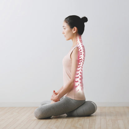 The condition of a woman’s spine while sitting in the lotus position and meditating with a Japanese Meditation Cushion Zafu