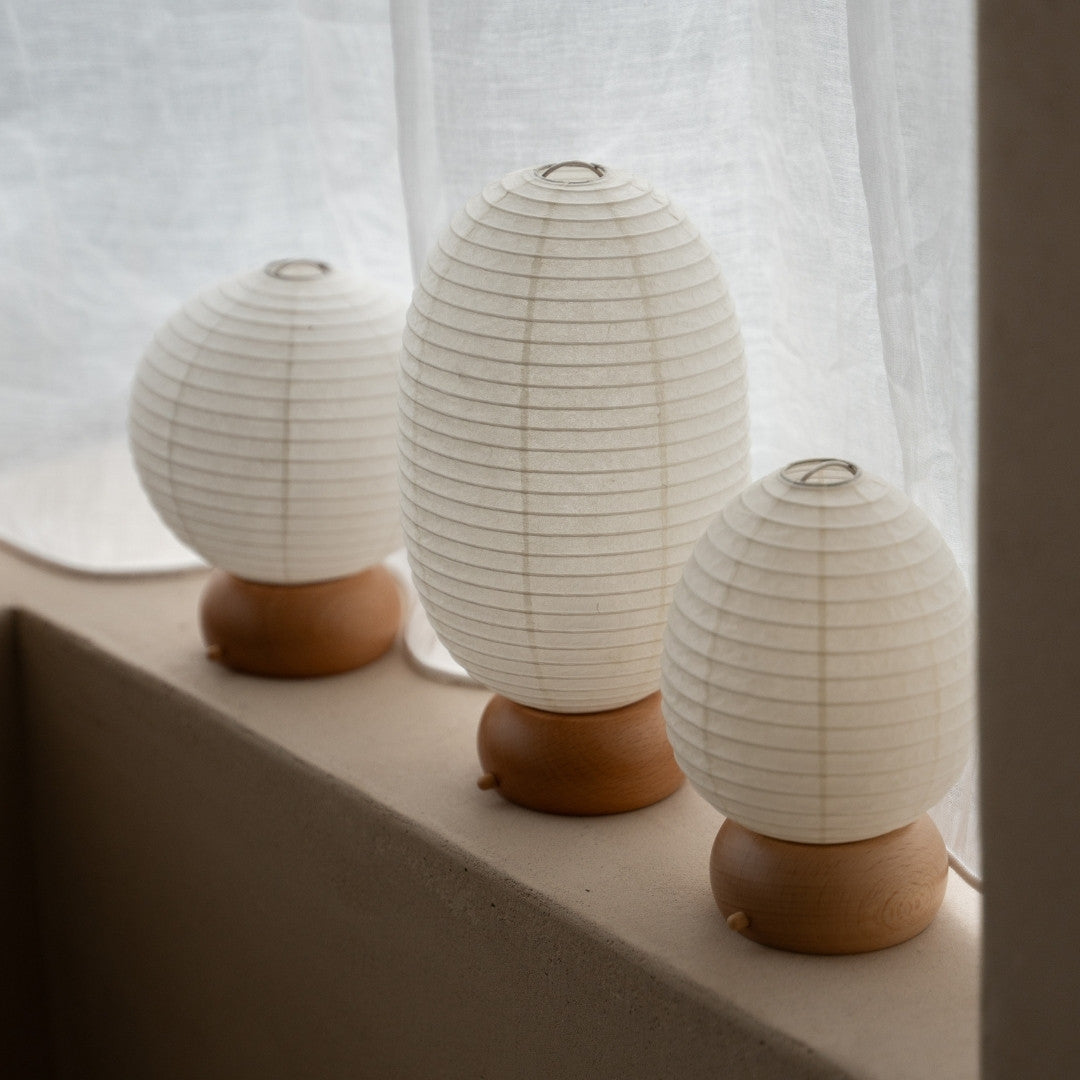 Three Rounded Japanese Paper Table Lamps on window sill – Japandi style table lamps for bedroom & living room